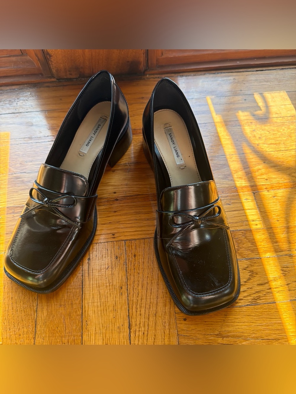 Sandy Liang Black Patent Leather Square-Toe Loafers